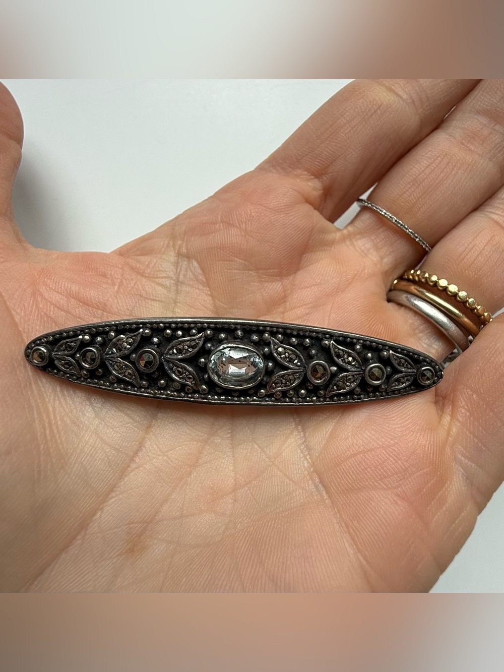 Vintage Sterling Silver Blue Oval Topaz Marcasite Floral Leaf Bar Pin Brooch